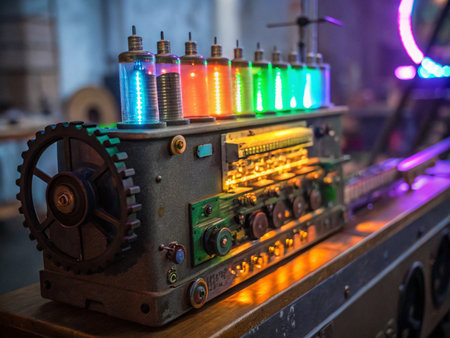 Close up view of multicolored led lights on old vintage radioの素材