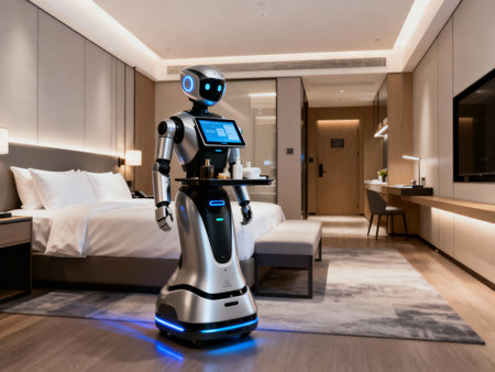 Robot working in a hotel room with a bed in the backgroundの素材