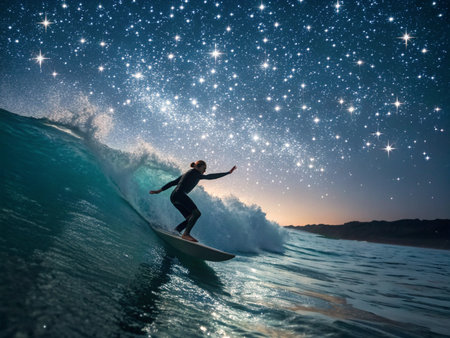 Surfer in ocean wave at night time. Surfing concept.の素材