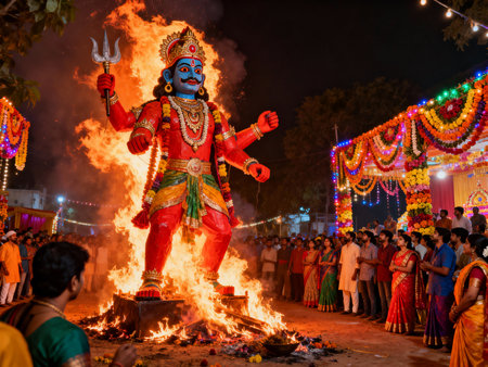 Hindu devotees perform a religious ritual during Ganga Aarti festival in Kolkata.の素材