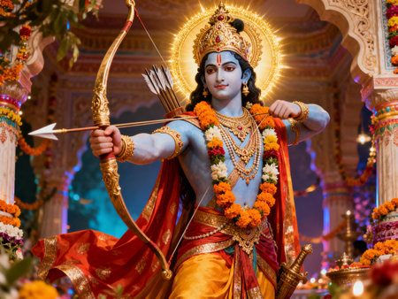 Lord Rama killing Ravana in Varanasi, Uttar Pradesh, Indiaの素材