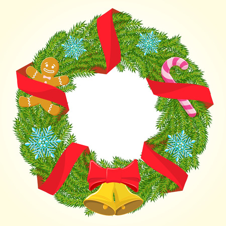 vector christmas wreath with red ribbons candle and snowflakesのイラスト素材