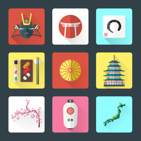 vector color flat style japan national theme icons with shadow setのイラスト素材