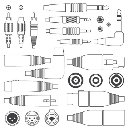 vector outline monochrome various audio connectors and inputs setのイラスト素材