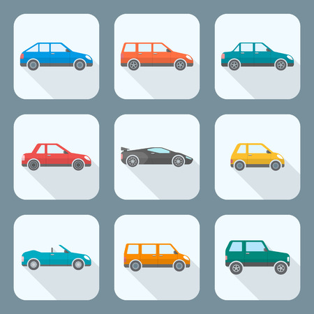 vector colored flat design body types cars classification icons set sedan saloon hatchback station wagon coupe cabriolet microcar compact supercar sportcar off-road crossover minivan camper minibusのイラスト素材