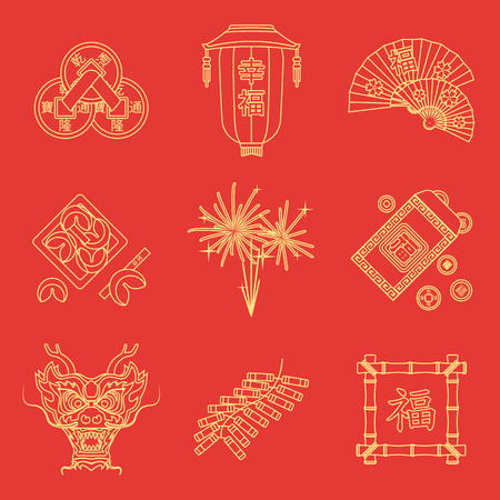vector gold yellow outline on red traditional chinese new year icons set feng shui coins lantern fans dragon mask fireworks firecrackers bamboo frame fortune cookies red envelope coinsのイラスト素材
