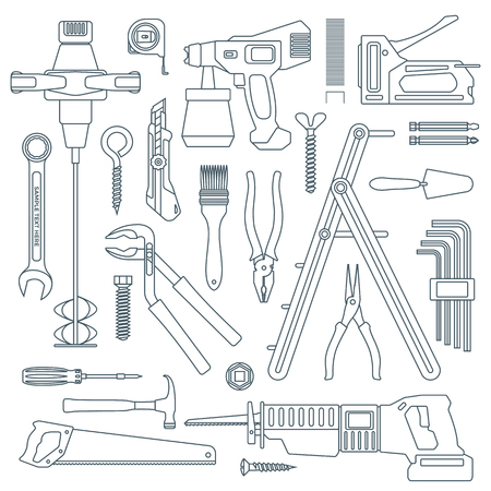 vector dark grey outline various house repair tools instruments setのイラスト素材