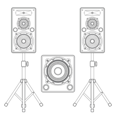 vector dark outline loudspeakers kit satellites on stands and subwoofer technical illustrationのイラスト素材