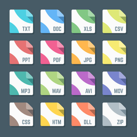 vector minimal various flat design colored file formats icons dark backgroundのイラスト素材