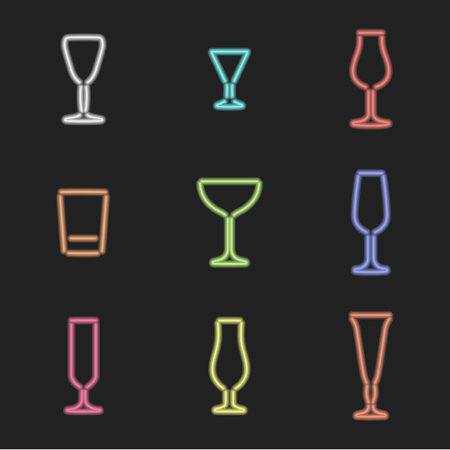vector neon light sign various colors alcohol glasses set dark backgroundのイラスト素材