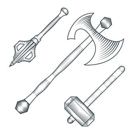 vector black color medieval axe warhammer mace engraving style illustration set white backgroundのイラスト素材
