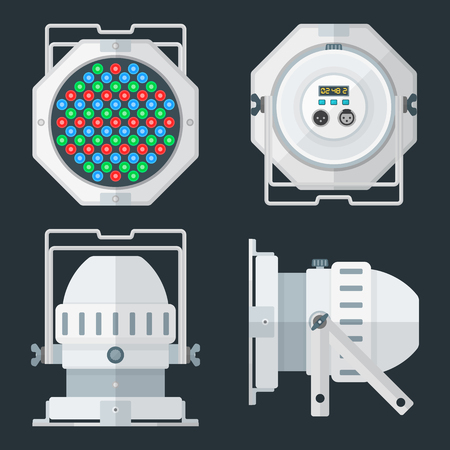 vector LED PAR stage professional lighting projector device colored flat illustration dark backgroundのイラスト素材