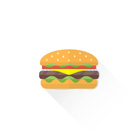 vector fast food hamburger with beef fresh lettuce onion tomato sesame seed cheese flat design isolated illustration on white background with shadowのイラスト素材