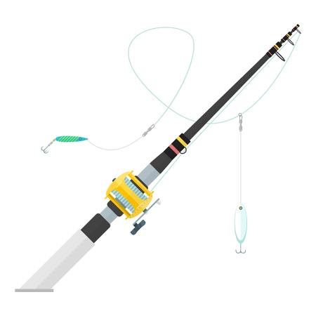 vector black color flat design trolling spinning fishing rod cork handle golden reel spoon-baits isolated illustration white backgroundのイラスト素材