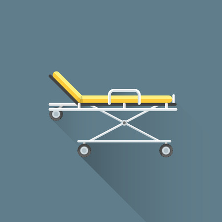 vector colored flat design yellow medical emergency stretcher metal frame rubber black wheels illustration isolated dark background long shadowのイラスト素材
