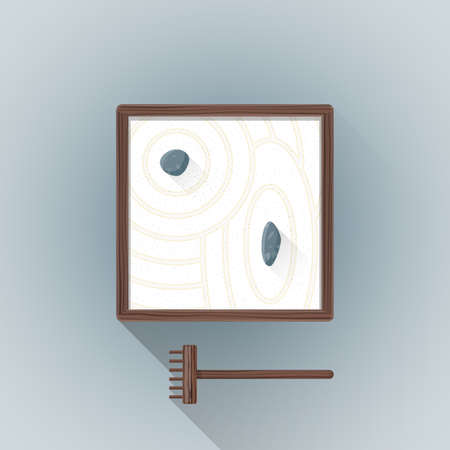 vector colored flat design japanese table zen garden with white send couple grey stones wooden rake illustration isolated light background long shadowのイラスト素材