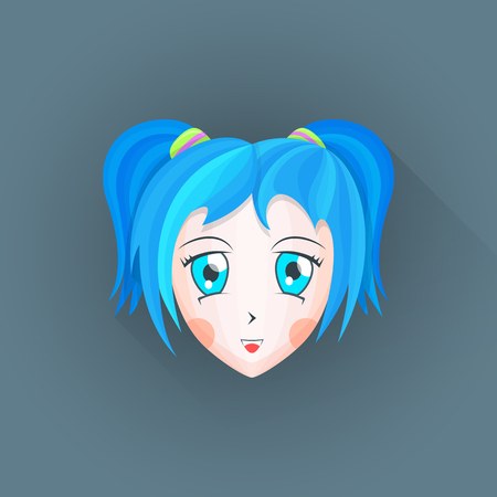 vector colored flat design japanese anime manga girl face big blue eyes cyan hair illustration isolated dark background long shadowのイラスト素材