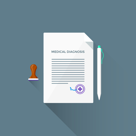 vector colored flat design medical diagnosis paper sign cross wooden stamp white pen illustration isolated dark background long shadowのイラスト素材