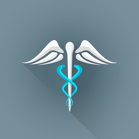 vector colored flat design caduceus white wing blue snake Rod of Asclepius symbol illustration isolated dark background long shadowのイラスト素材