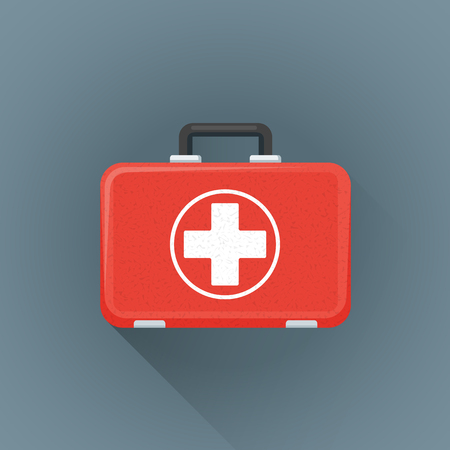 vector textured flat design red medical first-aid suitcase white cross circle emblem illustration isolated dark background long shadowのイラスト素材