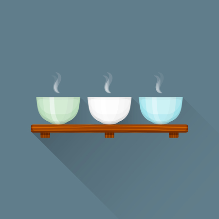 vector colored flat design asian white green blue porcelain bowls hot tea on wooden stand illustration isolated dark background long shadowのイラスト素材