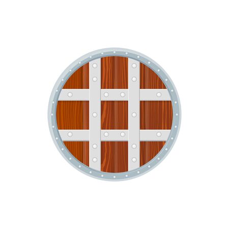 colorer flat design medieval wooden textures crossed metal elements round warrior shield isolated illustration on white backgroundのイラスト素材