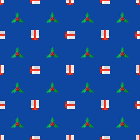 colored flat design new year christmas holly ribbon gift box seamless pattern on blue backgroundのイラスト素材