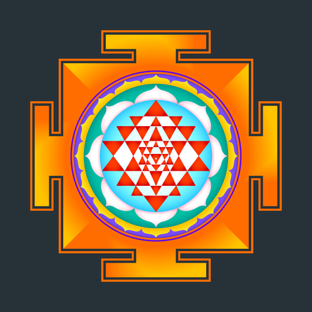 vector colored hinduism Sri yantra Sri Chakra illustration triangles diagram isolated on black backgroundのイラスト素材