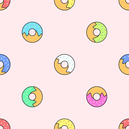 vector colored outline various red yellow green pink white blue donuts seamless pattern on light orange backgroundのイラスト素材