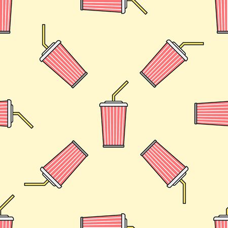 vector colored outline red cola soda sparkling sugar water takeaway cup straw seamless pattern on light yellow backgroundのイラスト素材