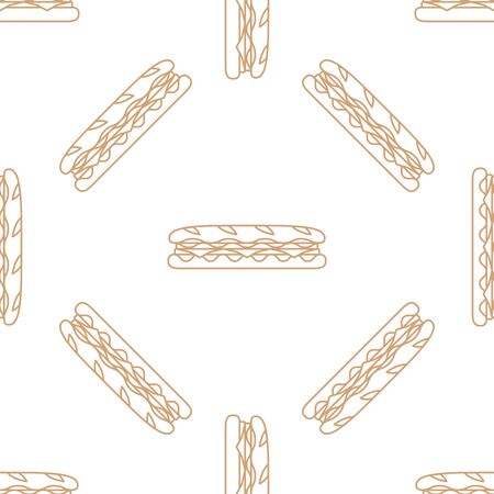 vector brown gold color outline submarine rye baguette sandwich salad ham cheese tomato seamless pattern on white backgroundのイラスト素材