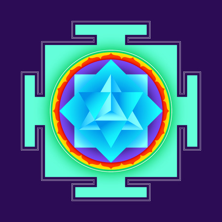 vector colored hinduism merkaba yantra illustration triangles diagram isolated on black backgroundのイラスト素材