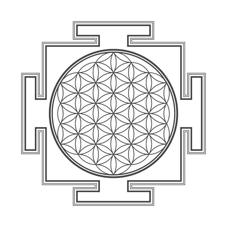 vector black outline hinduism  flower of life yantra illustration circles diagram isolated on white backgroundのイラスト素材