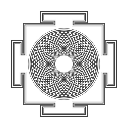 vector black outline hinduism thousand petal Sahasrara yantra illustration triangles diagram isolated on white backgroundのイラスト素材