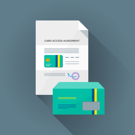 vector color flat design conditional access chip smart card agreement identity envelope illustration long shadow isolated blue backgroundのイラスト素材