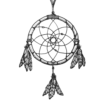 vector black color monochrome dotted art retro tattoo gravure style native american dream catcher isolated decorative element realistic illustration white backgroundのイラスト素材