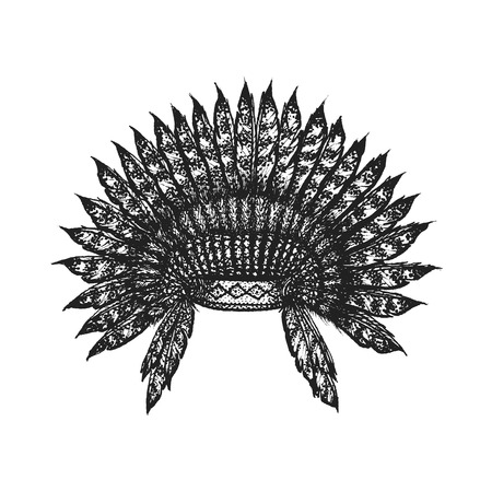 vector black color monochrome dotted art retro tattoo gravure style native american feather head war bonnet isolated decorative element realistic illustration white backgroundのイラスト素材