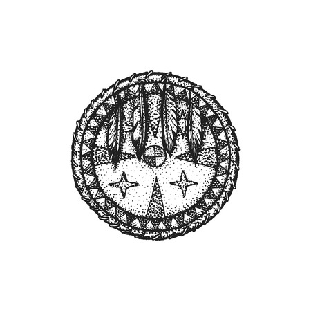 vector black color monochrome dotted art retro tattoo gravure style native american combat circle shield with feathers isolated decorative element realistic illustration white backgroundのイラスト素材