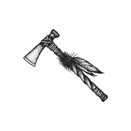 vector black color monochrome dotted art retro tattoo gravure style native american combat axe tomahawk isolated decorative element realistic illustration white backgroundのイラスト素材