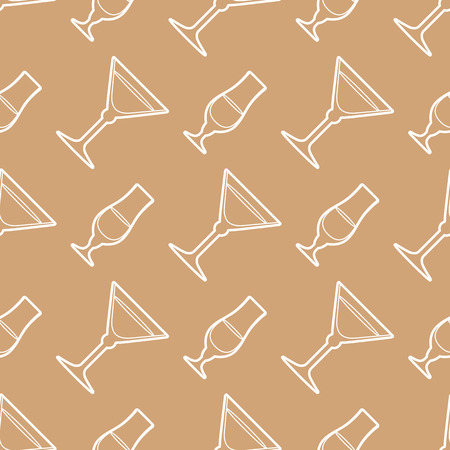 vector white outline cocktail liquor flute glasses seamless pattern on brown gold backgroundのイラスト素材