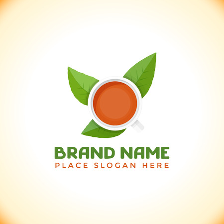 vector colorful flat design tea emblem logotype template with white cup of black tea and green leaves isolated on teal white backgroundのイラスト素材