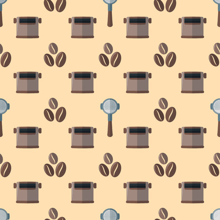 vector colorful flat design various brown coffee beans portafilter device knock box deco seamless pattern beige backgroundのイラスト素材