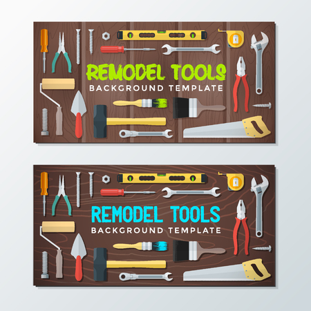 vector colorful flat design various house remodel construction tools isolated collection wood textured background banner templatesのイラスト素材