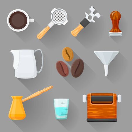 vector colorful flat design various barista equipment coffee cup, tamper, wrench, measuring glass, pitcher, beans, portafilter, funnel, knock box, turk pot isolated illustration collection shaded isolated gray backgroundのイラスト素材