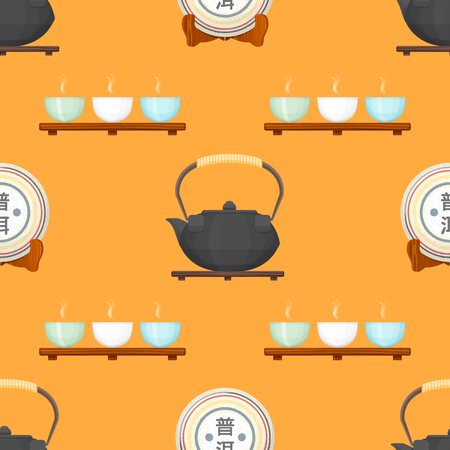 vector colorful flat design tea pack puer sign, teapot, bowls on stand deco seamless pattern isolated orange backgroundのイラスト素材