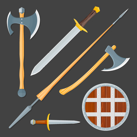 vector colorful wood textured flat design medieval various cold weapon collection shield, dagger, sword, lance, battle axes isolated illustration gray backgroundのイラスト素材