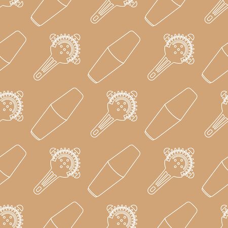 vector light color outline design barman tools boston shaker strainer isolated brown gold background deco seamless patternのイラスト素材