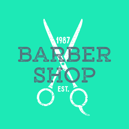 vector colored vintage barber shop hairdresser  with scissors grunge textured sign isolated green backgroundのイラスト素材