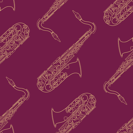vector monochrome gold saxophone decoration seamless pattern isolated purple backgroundのイラスト素材