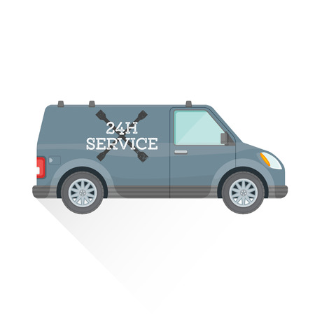 vector colored flat design emergency noctidial repair service grey minibus car illustration isolated backgroundのイラスト素材
